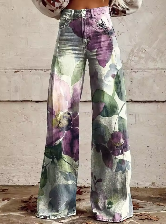 Maveloe | Boho-jeans med brede ben og blomsterprint